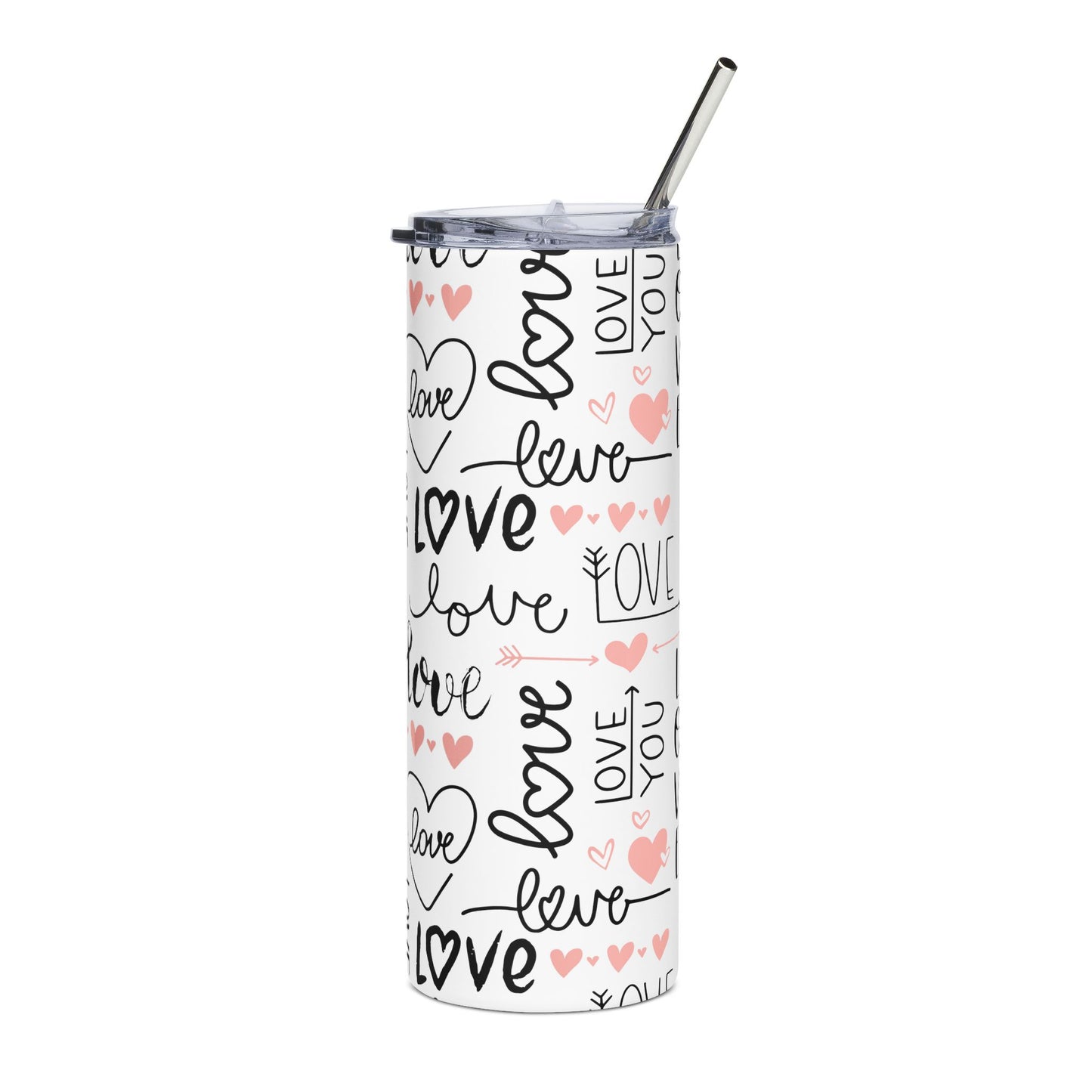 Pink Heart & "Love" Script Design — 20oz Stainless Tumbler