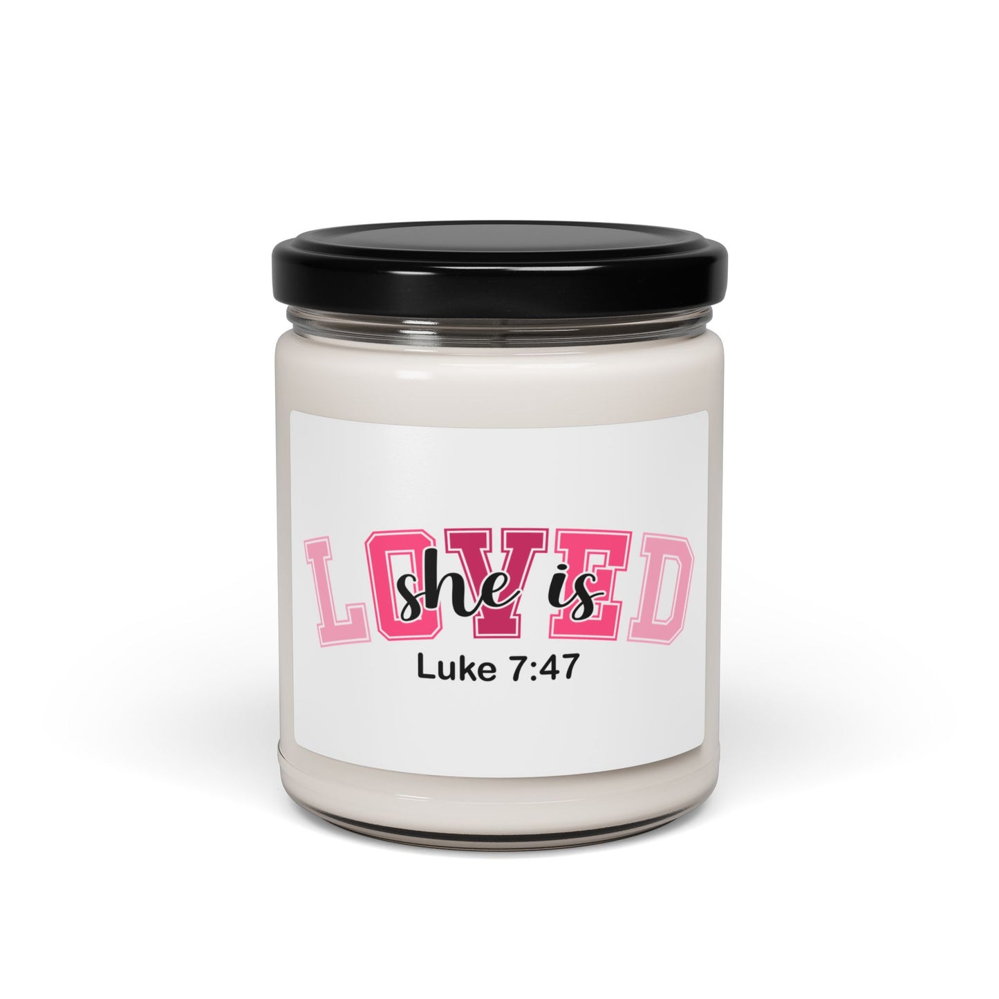 She Is Loved Soy Candle — Inspirational Christian 9oz Scented Jar (Luke 7:47)