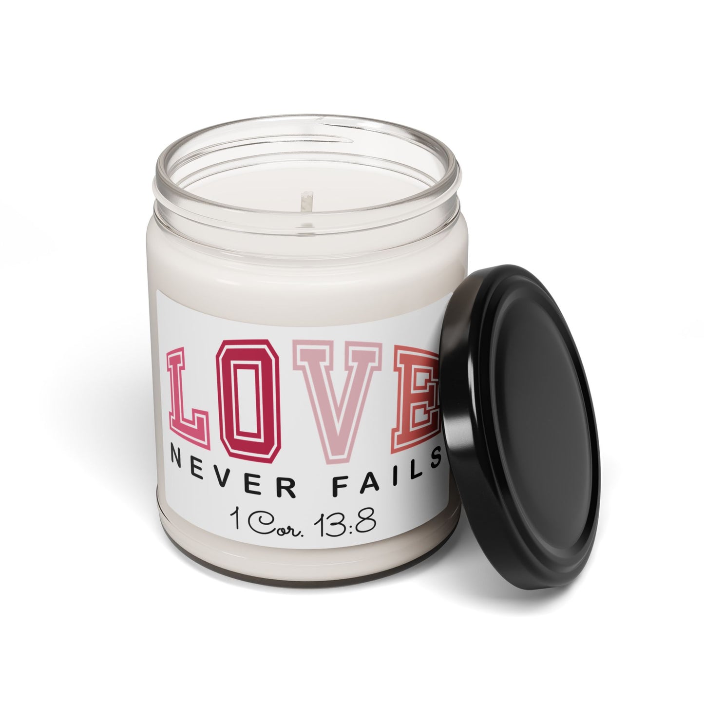 "Love Never Fails" (1 Cor. 13:8) | 9oz Scented Jar Candle, Faith-Inspired Gift — Soy Candle