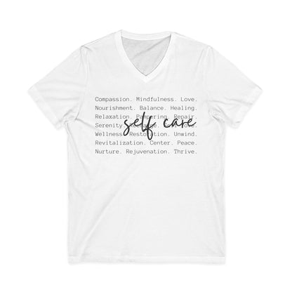 Self Care V-Neck Tee — Minimal Wellness Words T-Shirt