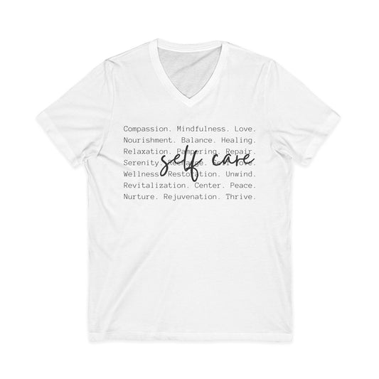 Self Care V-Neck Tee — Minimal Wellness Words T-Shirt