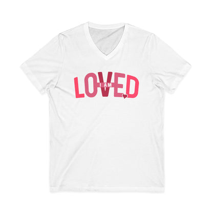 Loved V-Neck Tee — 'Loved' Pink Heart Graphic Women's Casual Top