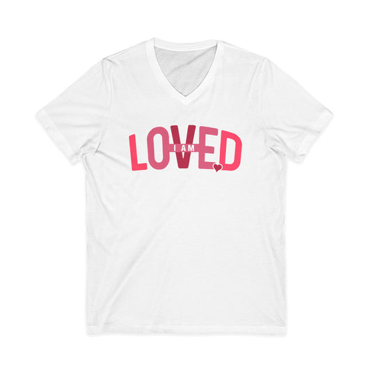 Loved V-Neck Tee — 'Loved' Pink Heart Graphic Women's Casual Top