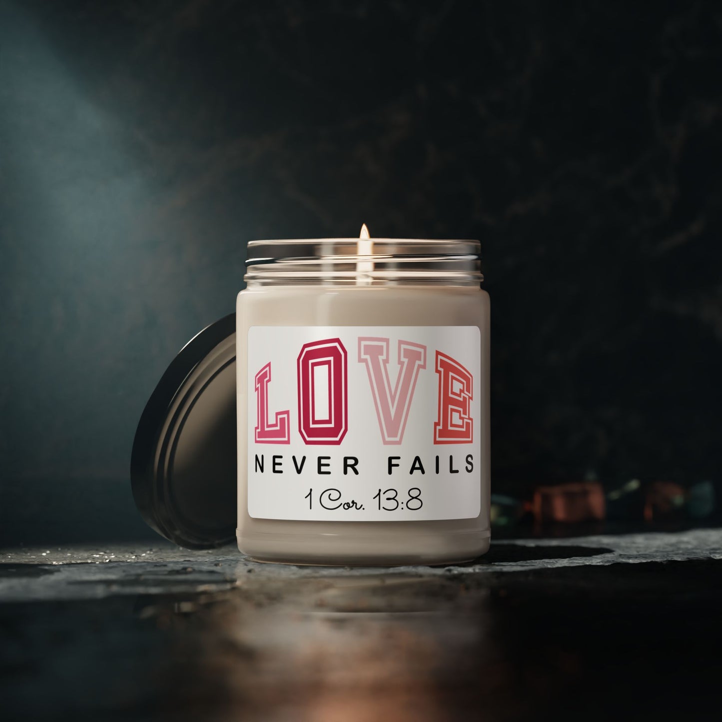 "Love Never Fails" (1 Cor. 13:8) | 9oz Scented Jar Candle, Faith-Inspired Gift — Soy Candle