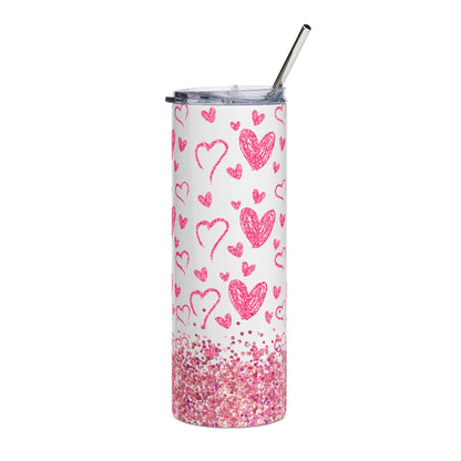 Pink Heart 20oz  Stainless Steel Tumbler — Valentine Glitter Hearts Design
