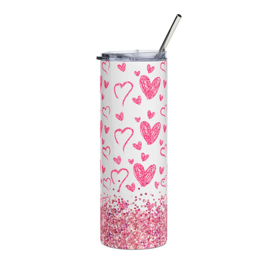 Pink Heart 20oz  Stainless Steel Tumbler — Valentine Glitter Hearts Design