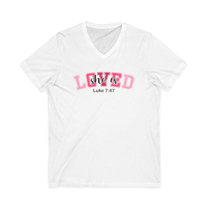 Loved She/Her V-Neck Tee – "Loved" Luke 7:47 Christian Graphic Shirt