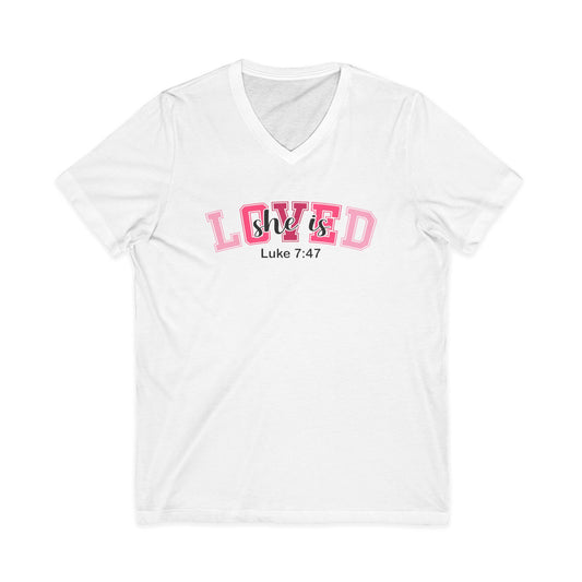 Loved She/Her V-Neck Tee – "Loved" Luke 7:47 Christian Graphic Shirt
