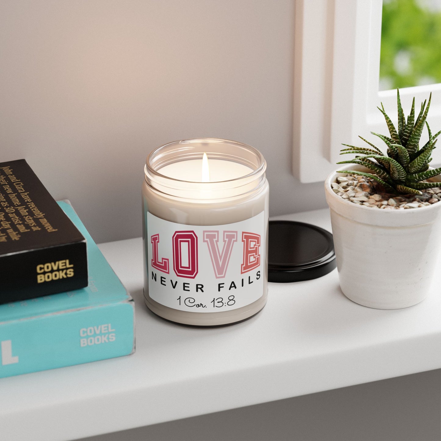 "Love Never Fails" (1 Cor. 13:8) | 9oz Scented Jar Candle, Faith-Inspired Gift — Soy Candle