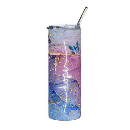 Hope & Faith Butterfly 20oz Stainless Tumbler — Purple Blue Marble Travel Cup