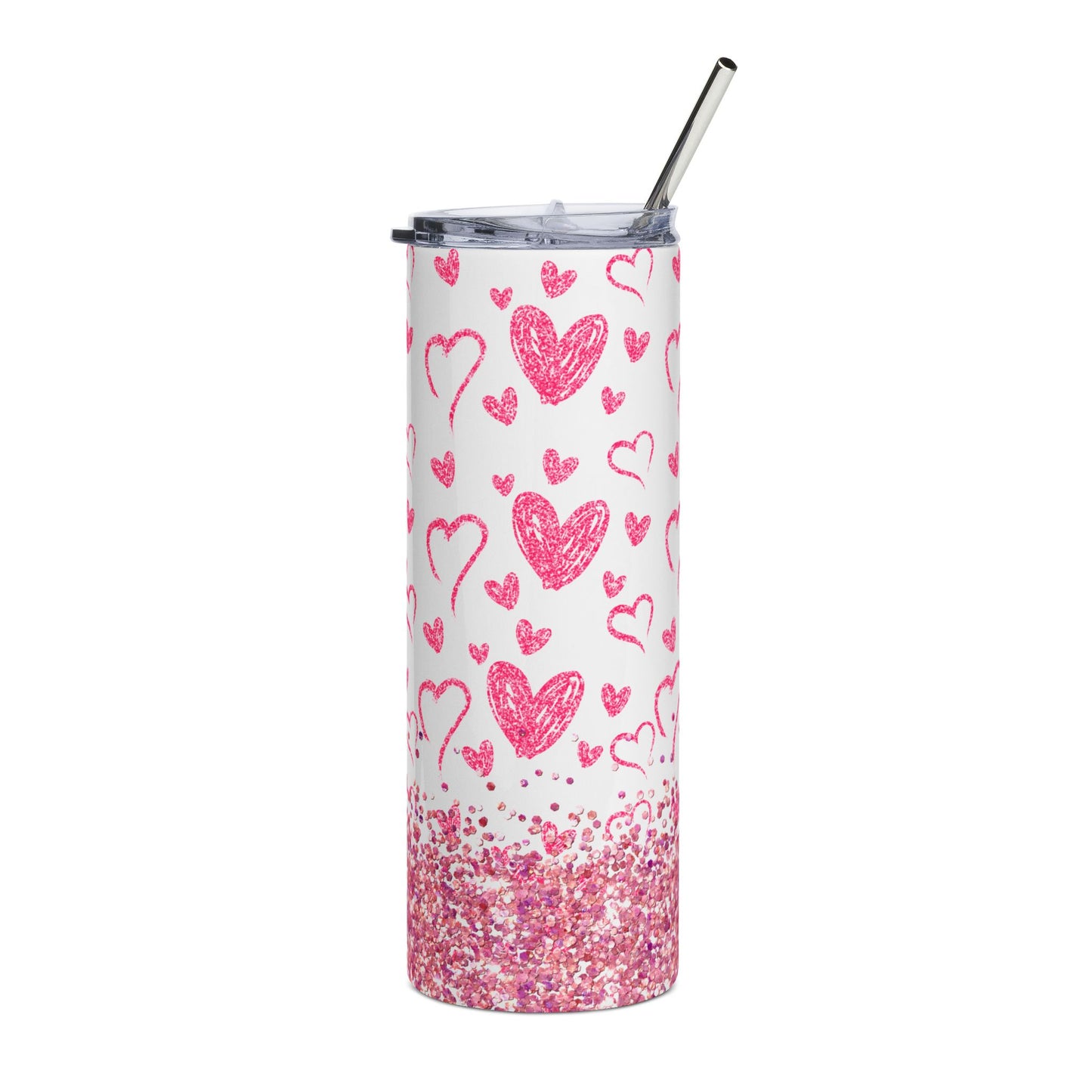 Pink Heart 20oz  Stainless Steel Tumbler — Valentine Glitter Hearts Design