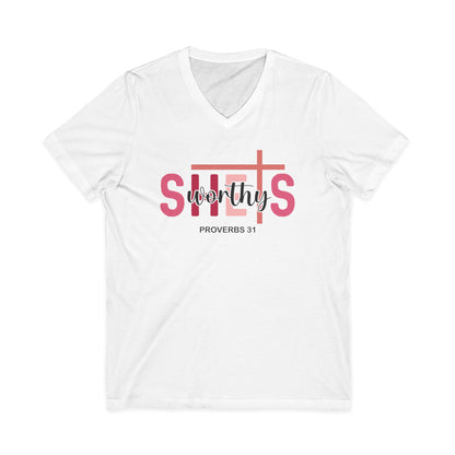 Worthy Saints V-Neck Tee — Proverbs 31 Inspirational Christian Shirt