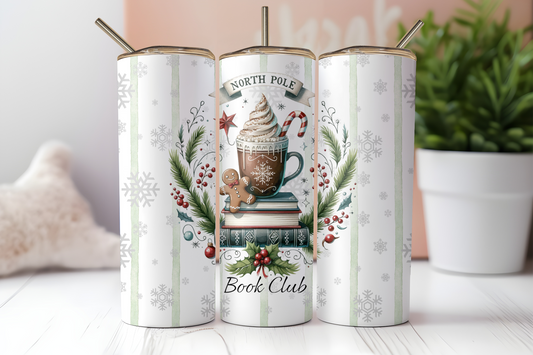 North Pole Book Club 20oz Stainless Tumbler — Christmas Hot Cocoa Design