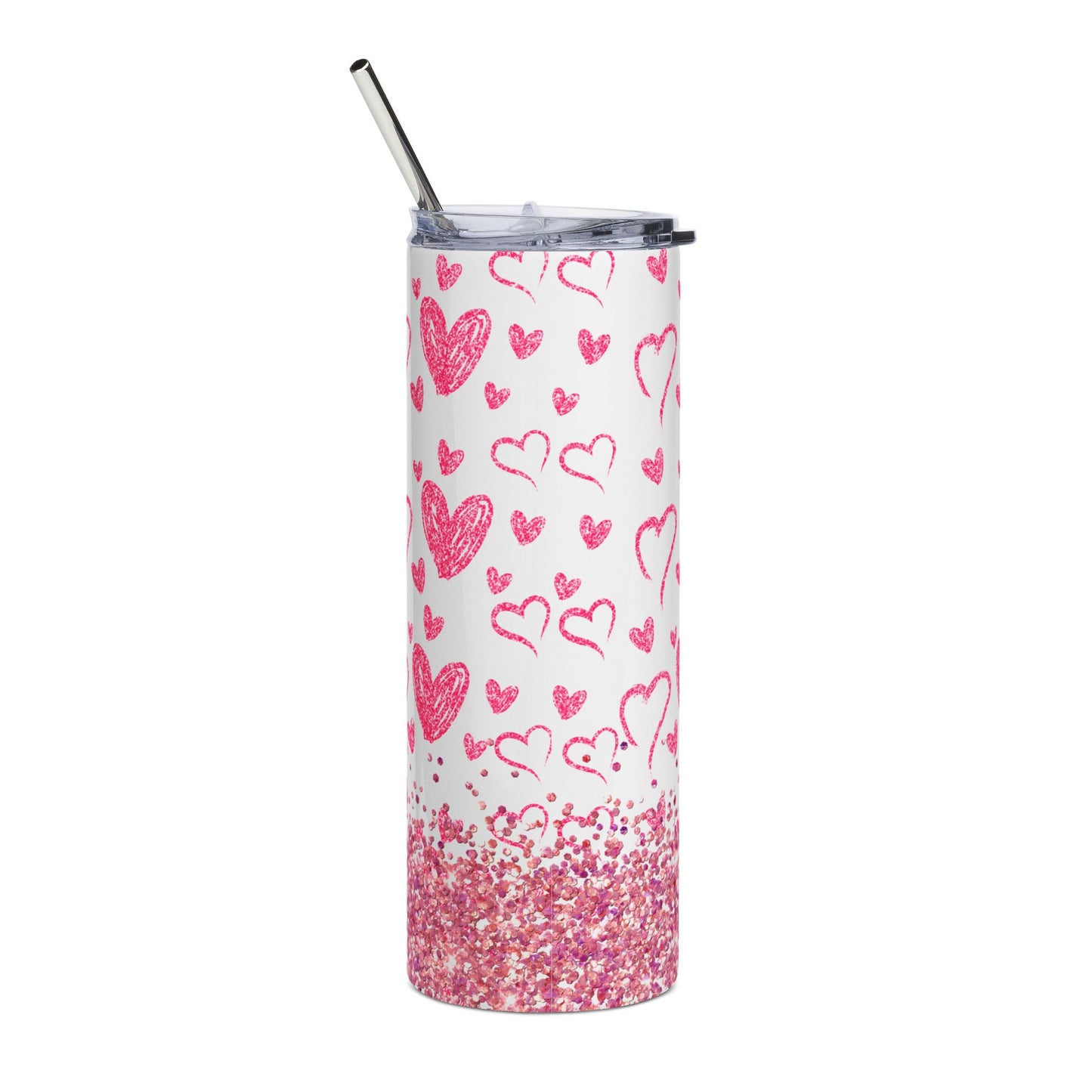 Pink Heart 20oz  Stainless Steel Tumbler — Valentine Glitter Hearts Design