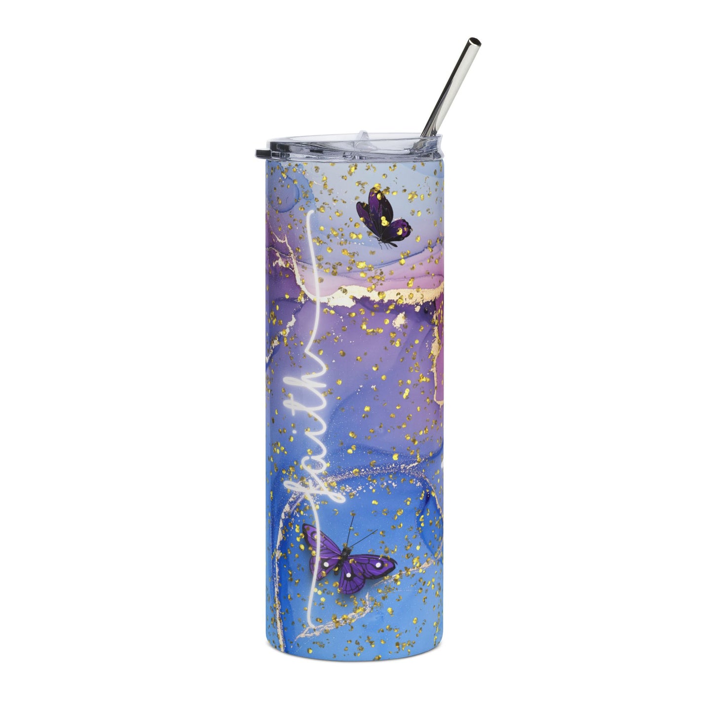 Hope & Faith Butterfly 20oz Stainless Tumbler — Purple Blue Marble Travel Cup