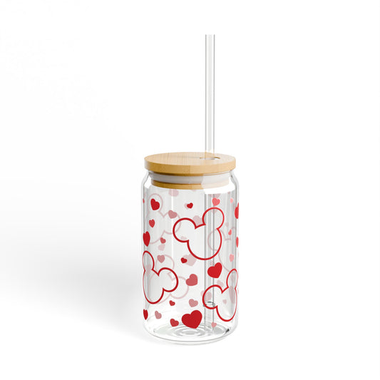 Cute Valentine Drink Jar — 16oz Heart Mouse Sipper Glass with Straw